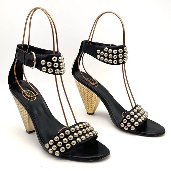 ASH Gold Studded Black Leather Ankle Cuff Heeled Strappy Sandals Size 38 | US 7 - Picture 14 of 16